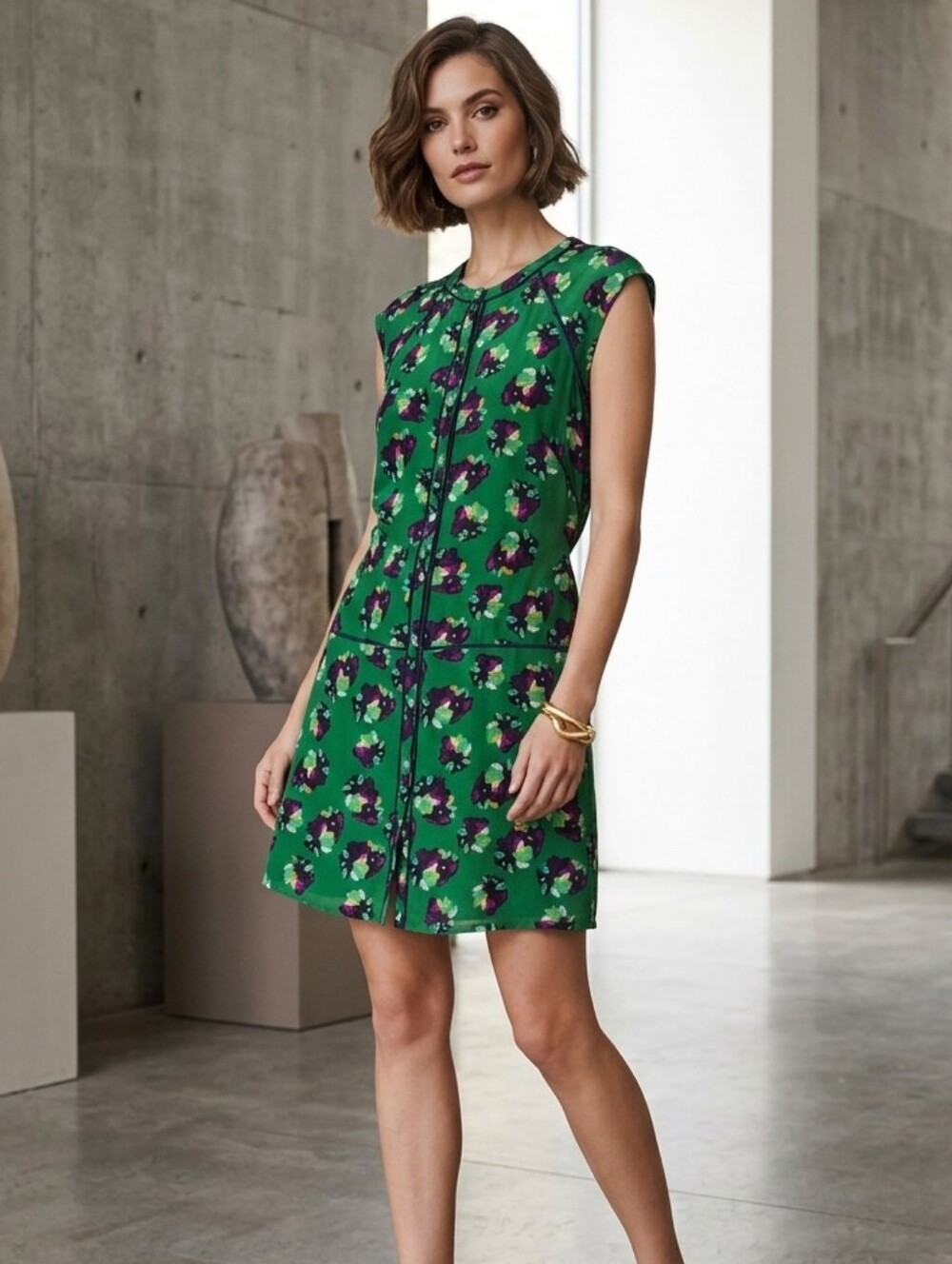 Greylin Green & Purple Floral Silk Short Sleeve Dress